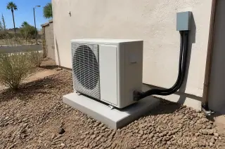 Outdoor mini split compressor on a level concrete pad against a stucco wall in Phoenix, AZ.