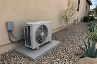 Outdoor mini split compressor on a concrete slab with desert landscaping in Phoenix, AZ.