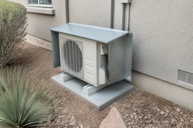 Mini split outdoor compressor unit with a weather cover on a concrete slab at a Phoenix, AZ home.
