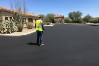 Worker inspecting a smooth, new asphalt parking lot with desert landscaping and stucco buildings in Peoria, AZ.