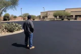Contractor inspecting a smooth, dark asphalt parking lot with prickly pear cactus in Peoria, AZ.