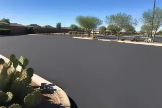 New asphalt parking lot with prickly pear cacti landscaping under bright sunlight in Peoria, AZ.