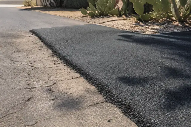 New asphalt overlay meeting existing pavement on a job site in Peoria, AZ.