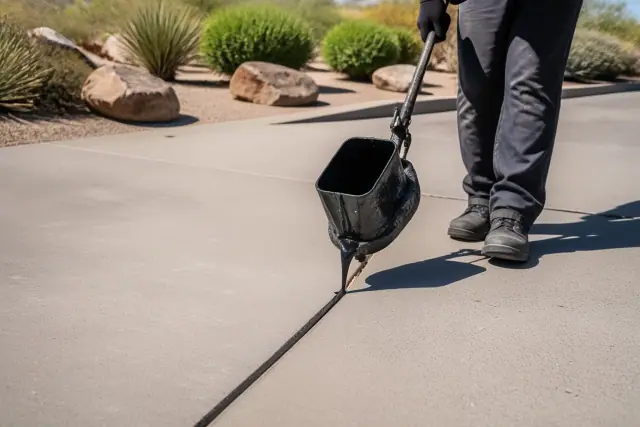 Contractor pouring heat-applied sealant into a linear crack on a pavement surface in Peoria, AZ.