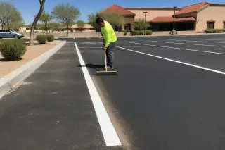 Contractor sweeping dust from a finished asphalt parking lot next to stucco buildings in Peoria, AZ.