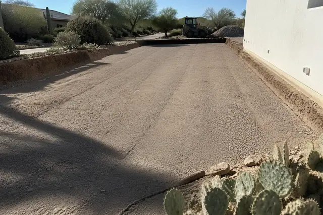 Compacted gravel base layer for a driveway project in Peoria, AZ with prickly pear cactus in the background.