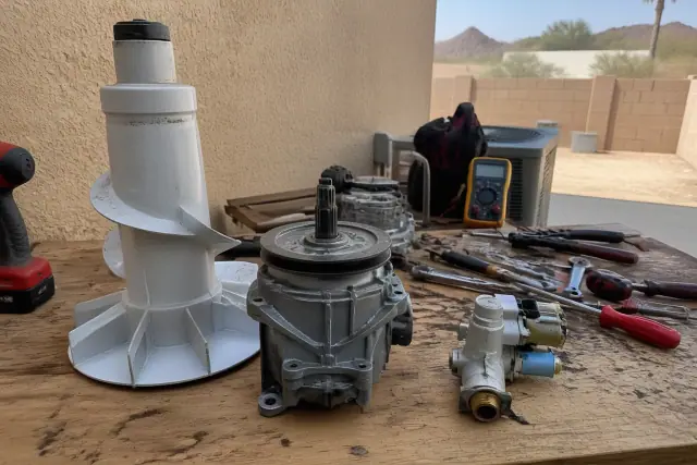 Disassembled washing machine agitator, transmission, and inlet valve on a workshop workbench in Phoenix, AZ.
