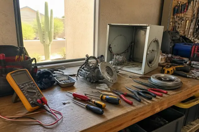 A wooden workbench in a Phoenix, AZ workshop with repair tools and disassembled appliance parts.