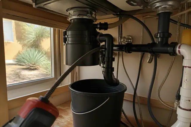 Plumbing snake inspecting a garbage disposal drain under a kitchen sink in a Phoenix, AZ home.