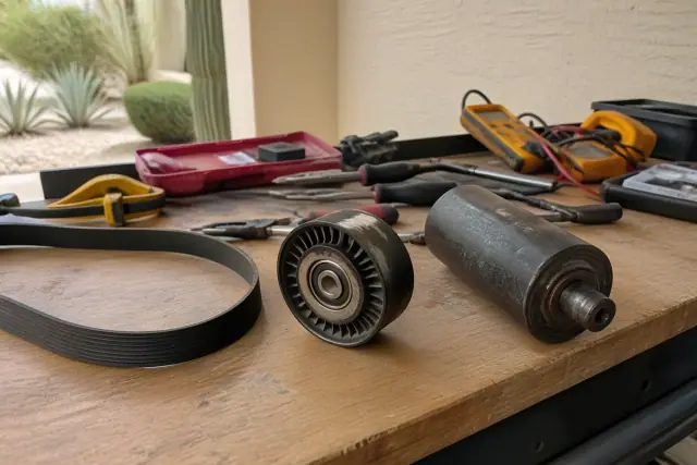 Worn idler pulley and mechanical parts on a workbench in a Phoenix, AZ workshop.