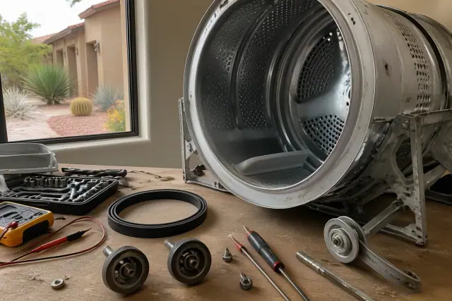 Disassembled dryer drum, drive belt, and rollers on a workshop floor in Phoenix, AZ.