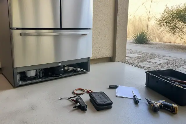 Bottom-freezer refrigerator repair with diagnostic tools and parts on a floor in Phoenix, AZ.
