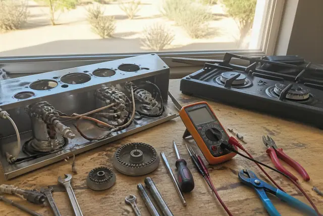 Technician testing stove range burner and ignition components with a multimeter at a workbench in Phoenix, AZ.