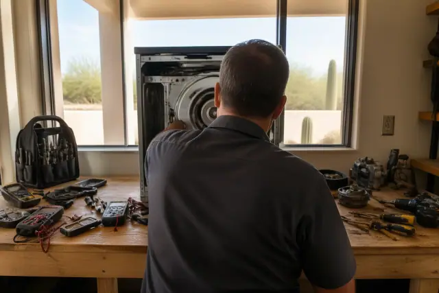 Repair technician working on appliance components at a workbench in Phoenix, AZ.