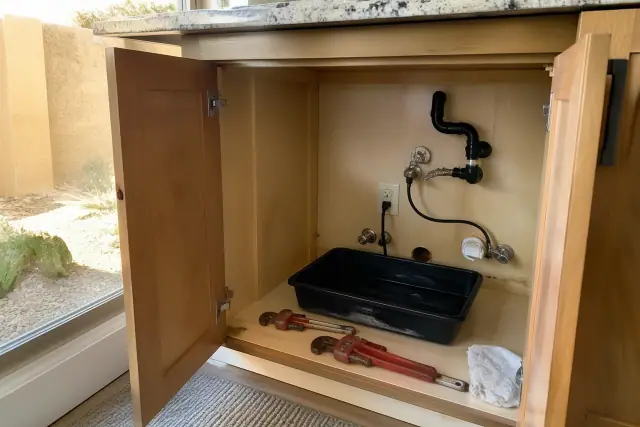 Plumbing wrenches and a drip pan under a kitchen sink during a garbage disposal diagnosis in Phoenix, AZ.