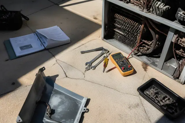 Technician repairing a commercial ice machine with tools and internal cooling coils on a concrete floor in Phoenix, AZ.