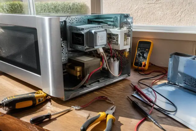 Commercial microwave being repaired on a workbench with tools in a Phoenix, AZ workshop.
