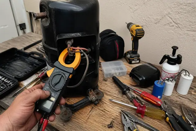 A multimeter testing compressor amp-draw on a workbench at a repair job in Phoenix, AZ.