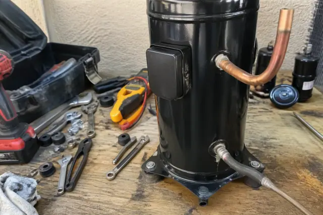 Copper tubing connection on a compressor during a sealed-system repair at a Phoenix, AZ workshop.