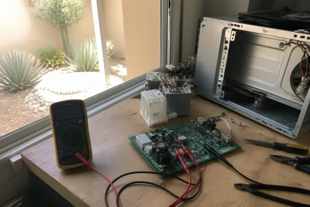 Technician using a multimeter to test a microwave circuit board on a workbench in Phoenix, AZ.