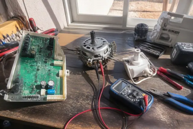 Technician repairing a washer control board, timer, and sensor on a workbench in Phoenix, AZ.