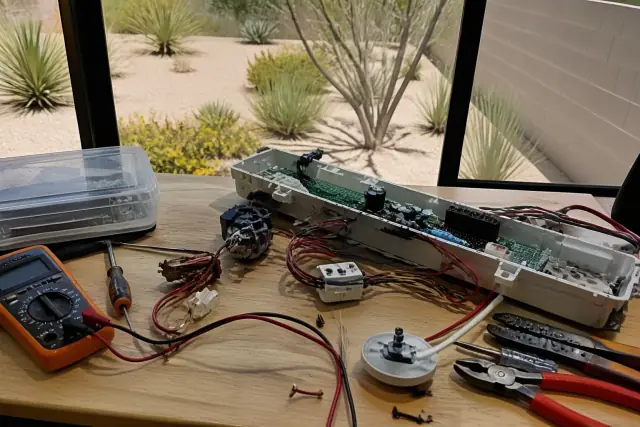 Dryer controls and sensor repair with a multimeter and wiring on a workbench in Phoenix, AZ.