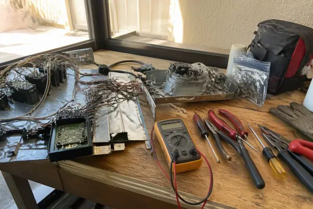 Technician performing electrical and wiring diagnostics on a stove range at a workbench in Phoenix, AZ.