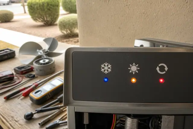 System status panel with warning lights on a workbench in front of a xeriscaped yard in Phoenix, AZ.