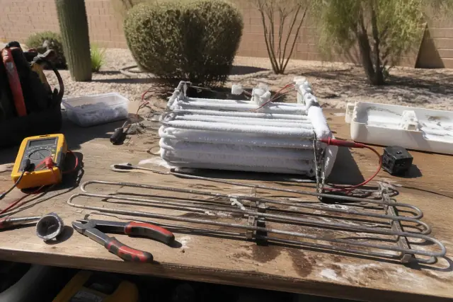 Multimeter testing a frost-covered freezer evaporator coil on a workshop workbench in Phoenix, AZ.