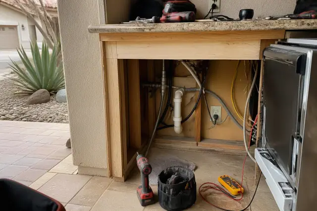 Exposed dishwasher plumbing and electrical wiring beneath a kitchen counter in a Phoenix, AZ home.