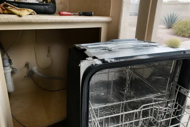 Dishwasher pulled out for a gasket repair in a kitchen with a view of xeriscape landscaping in Phoenix, AZ.
