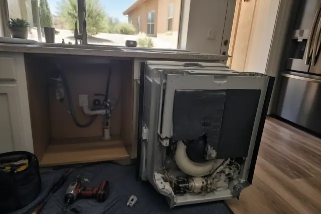 Dishwasher undergoing repair with exposed parts and tools on the floor in an Avondale, AZ kitchen.
