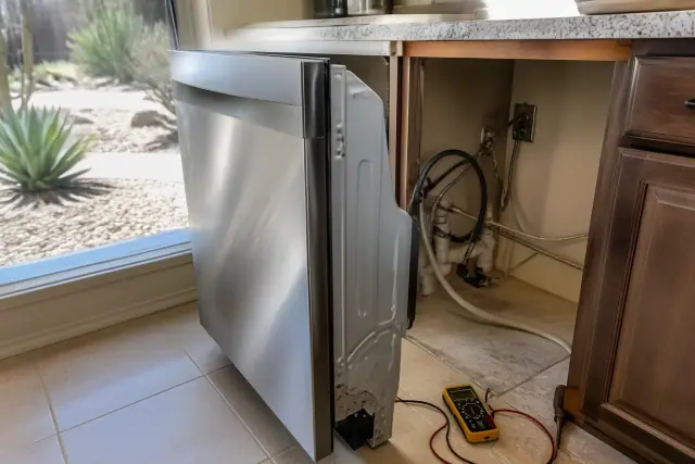 Dishwasher repair with connected hoses and a multimeter on the kitchen floor in Tempe, AZ.