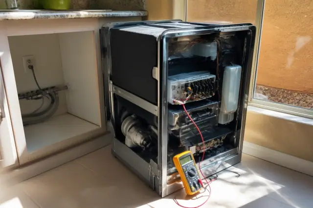 Technician repairing a dishwasher in a Phoenix, AZ kitchen with wires exposed and a multimeter attached.