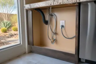 Connected water lines and electrical plug under a kitchen counter in a Phoenix, AZ home.