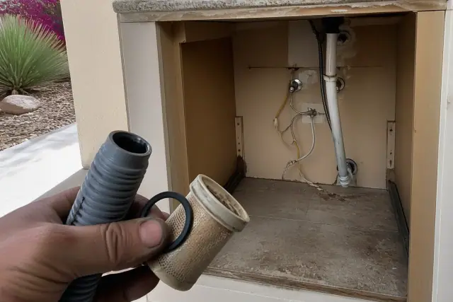 A removed drain hose and gasket during an under-counter plumbing inspection in Phoenix, AZ.