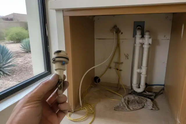 Worn fill valve and drain pump in an under-counter space at a jobsite in Phoenix, AZ.