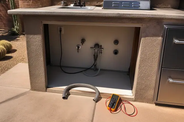 Dishwasher drain and pump repair under a kitchen counter in Phoenix, AZ, with a multimeter on the floor.
