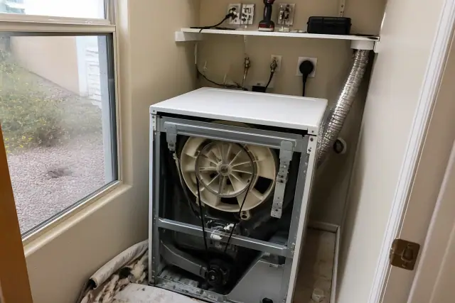 Technician repairing a dryer with visible drive belts and pulleys in a laundry closet in Phoenix, AZ.