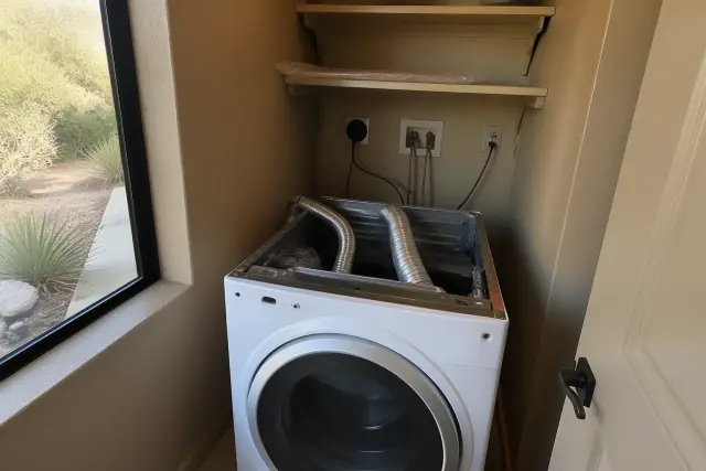 Dryer repair in progress in a laundry closet in Paradise Valley, AZ, showing exposed wiring and vent hosing.