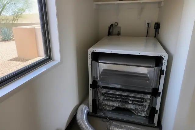 Dryer with back panel removed for internal repair in a laundry closet in Scottsdale, AZ.