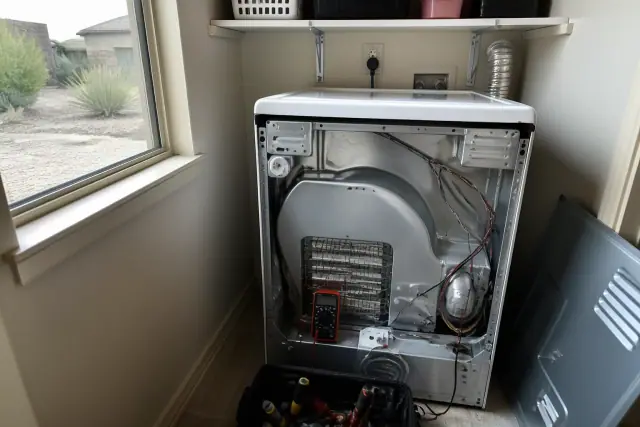 A technician testing dryer heating elements with a multimeter in a laundry closet in Glendale, AZ.