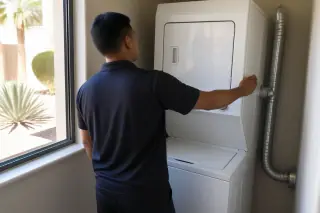 Polished stacked dryer unit with organized venting in a Phoenix, AZ laundry room.
