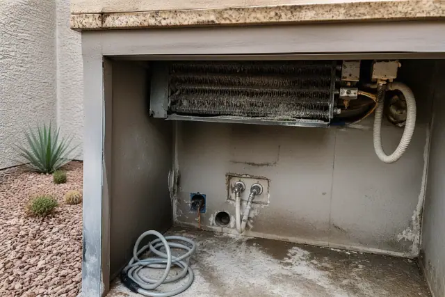 Dust-clogged freezer condenser coils in a recessed kitchen space in Phoenix, AZ.