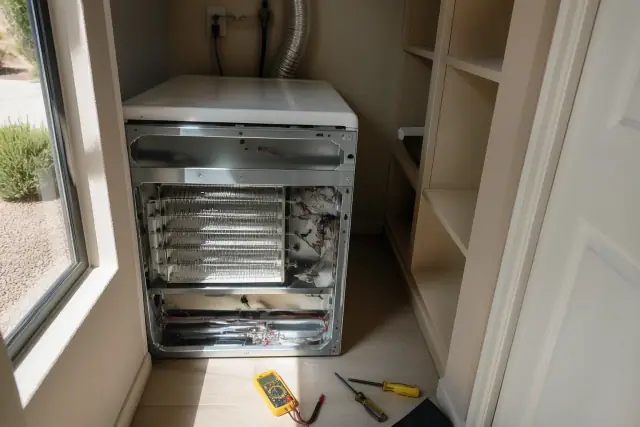 Electric dryer with rear panel removed for repairs in a Phoenix, AZ laundry closet.