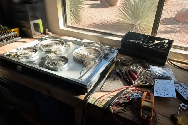 Stove and cooktop repair tools on a workbench in a Phoenix, AZ workshop.