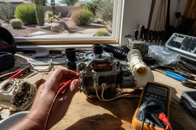 A technician diagnosing a dishwasher motor with a multimeter on a wooden workbench in Phoenix, AZ.