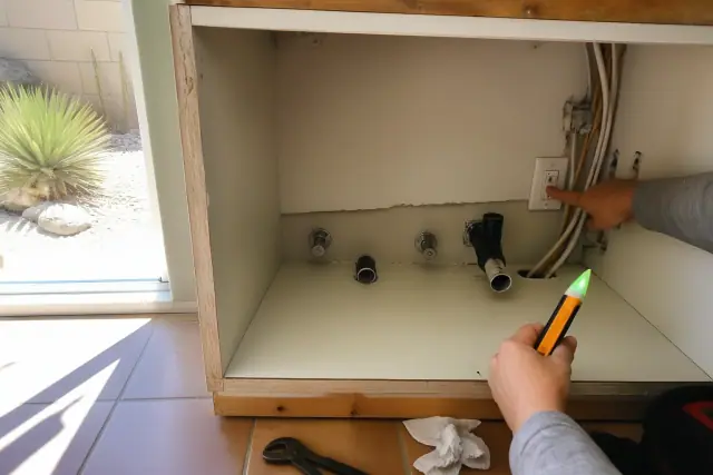 Technician using a voltage tester on under-sink wiring for a garbage disposal repair in Phoenix, AZ.
