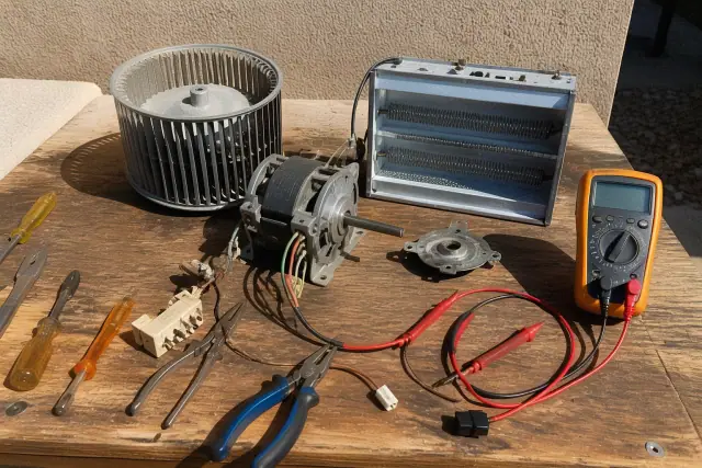 Disassembled evaporator fan and defrost components on a workbench in Phoenix, AZ.
