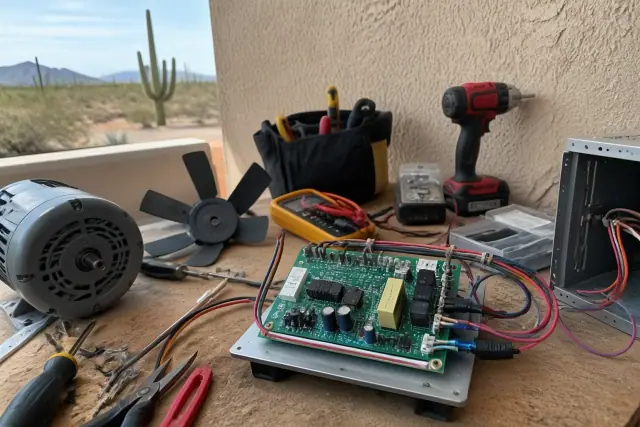 Repairing a control board with exposed wiring on a cluttered workbench in Phoenix, AZ.
